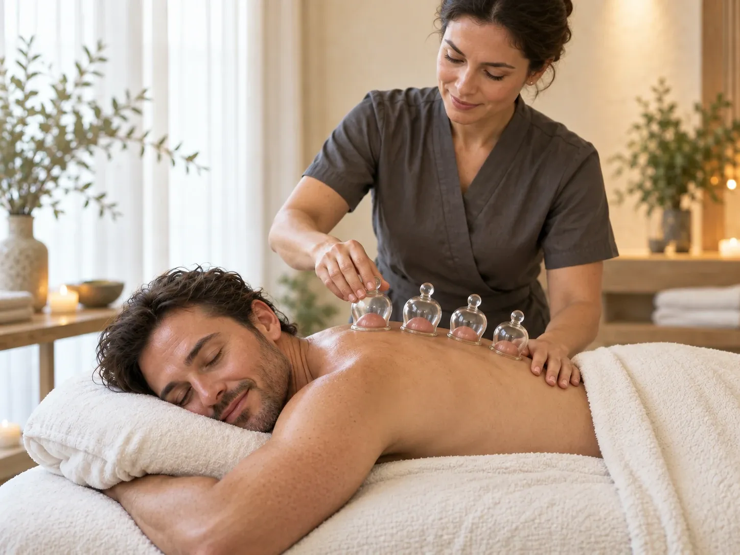 A practitioner adjusts transparent cupping therapy cups on a comfortably draped client's back