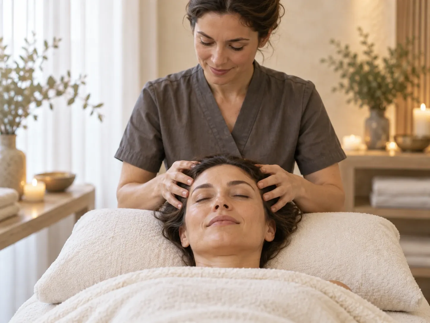 A reclining client receives a gentle scalp and temple massage on an ivory pillow