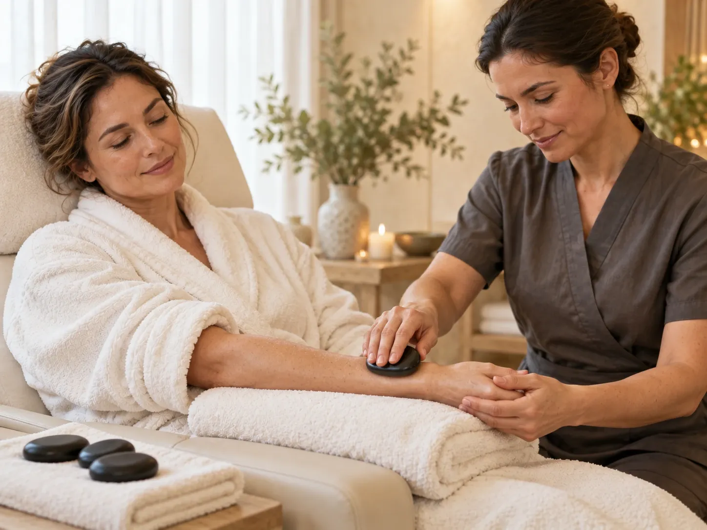 A therapist glides a warm basalt stone along a reclining client's supported forearm