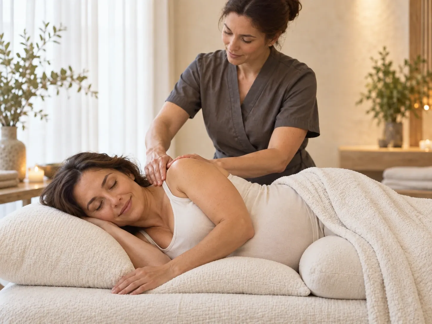 An expecting parent receives shoulder massage while resting on her side with supportive pillows