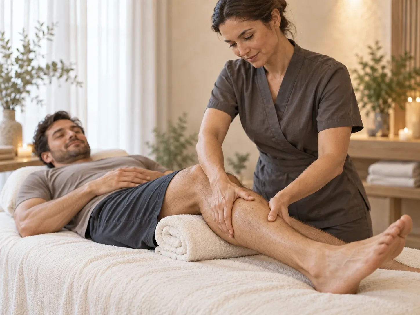 A therapist gives an athletic client a focused calf massage on a padded treatment table