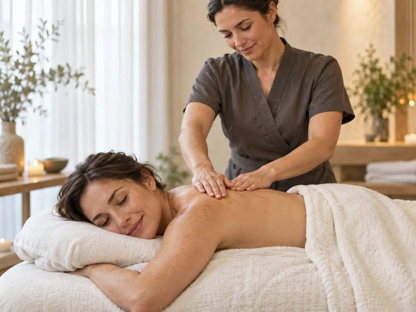 A therapist gives a relaxed Swedish back massage in a warm, softly lit spa setting