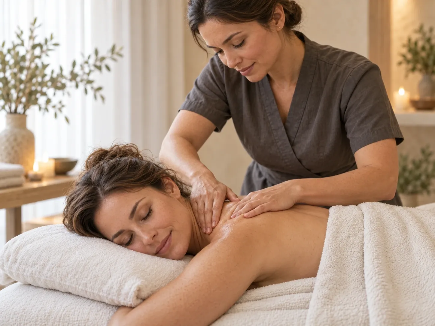 A therapist works carefully around a client's shoulder during a therapeutic massage
